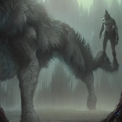 Image similar to A ultra detailed matte painting of an enormous werewolf, concept art by Anato Finnstark, trending on artstation,