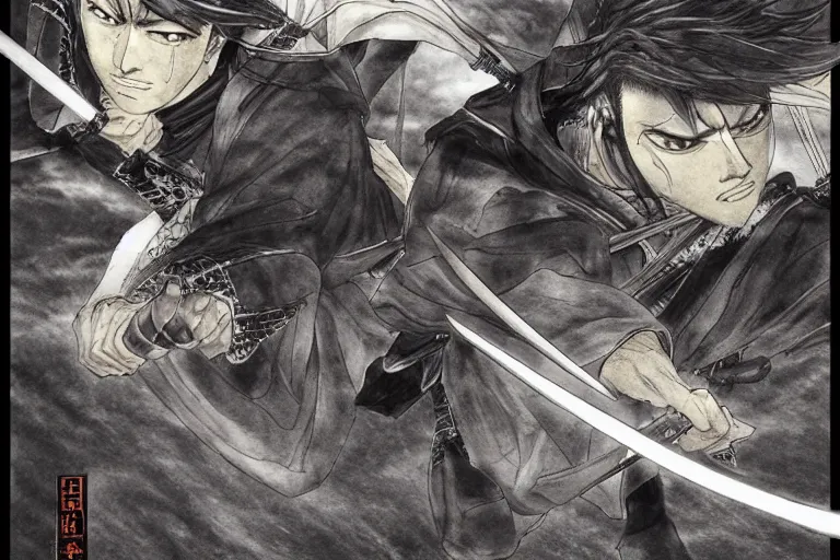 Prompt: epic and cinematographic samurai duel, by takehiko inoue and Hiroshi Hirata