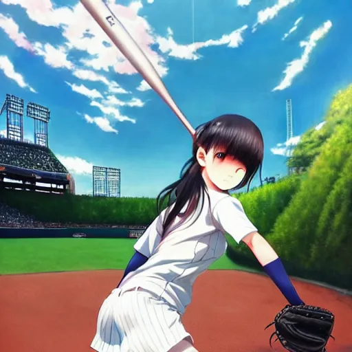 Image similar to this is the most beautiful anime girl playing baseball in the most beautiful artwork of the most beautiful girl playing baseball!, artstation!! pixiv!!, scenery art detailed, volumetric lighting, by range murata