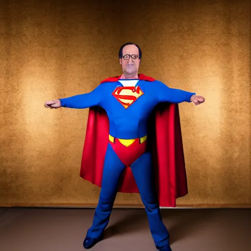 Prompt: studio photo, francois hollande wearing superman costume, photorealistic, detailed, studio lighting, 4 k