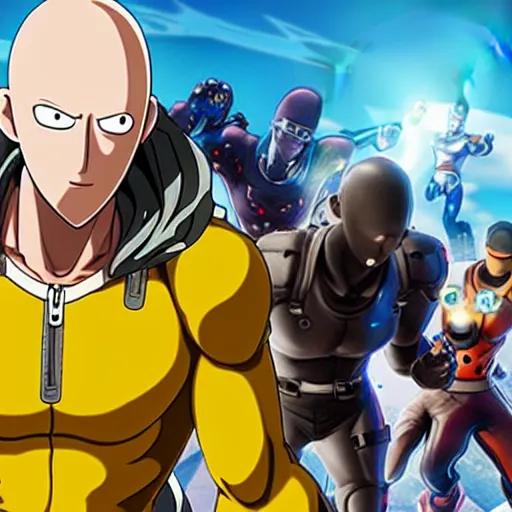 Image similar to one punch man in fortnite, character render, full body shot, highly detailed, in game render