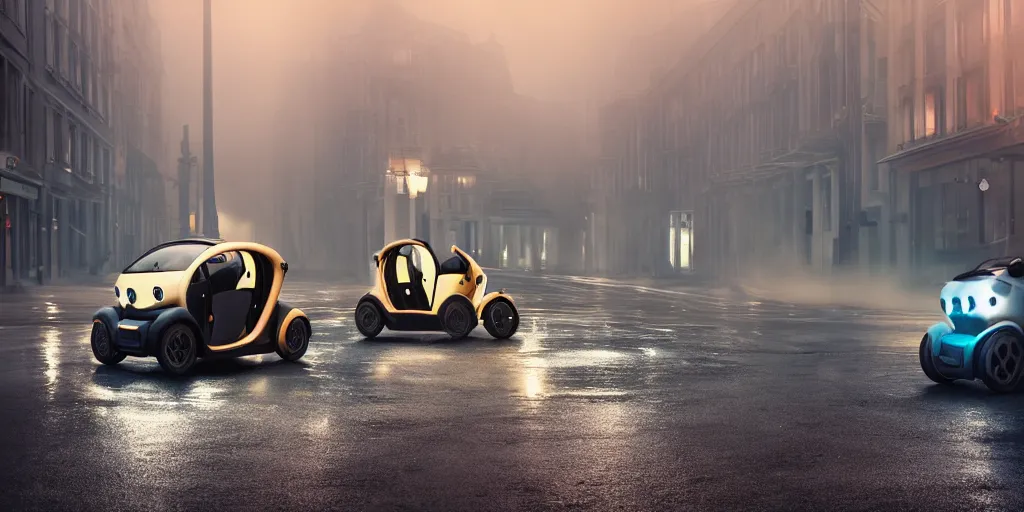 Prompt: parked renault twizy, fog, rain, volumetric lighting, beautiful, golden hour, sharp focus, highly detailed, cgsociety