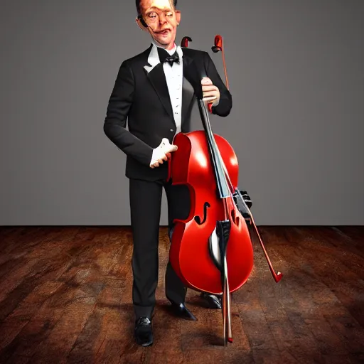 Prompt: man in tuxedo playing a cello shaped like a pair of kidneys, photorealistic, photoshop, art station, cgi, hyper detailed