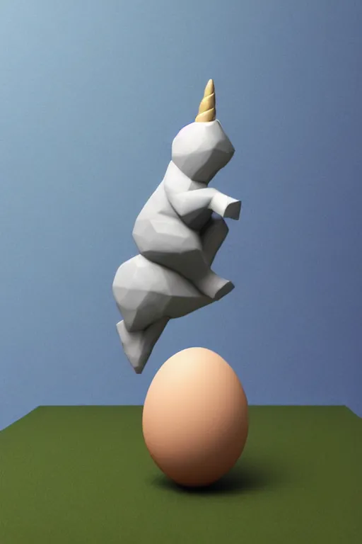 Prompt: geometric 3 d render, soft bright pastel, anthropomorphic egg riding unicorn in the middle, mountains surrounding, rule of thirds