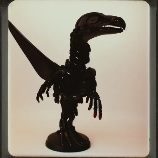 Image similar to polaroid photo of cyborg velociraptor with helmet on his head made of black onyx, huge mountains on the background