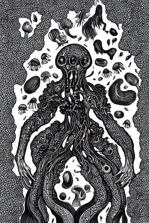 Prompt: black and white illustration, creative design, body horror, mushroom monster