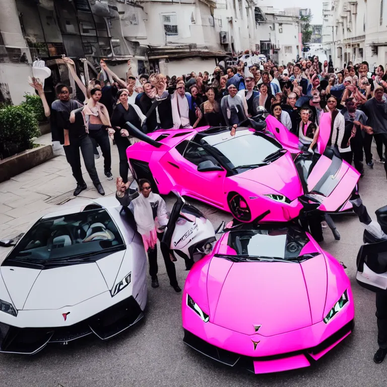 Image similar to a group of people carrying a pink lamborghini