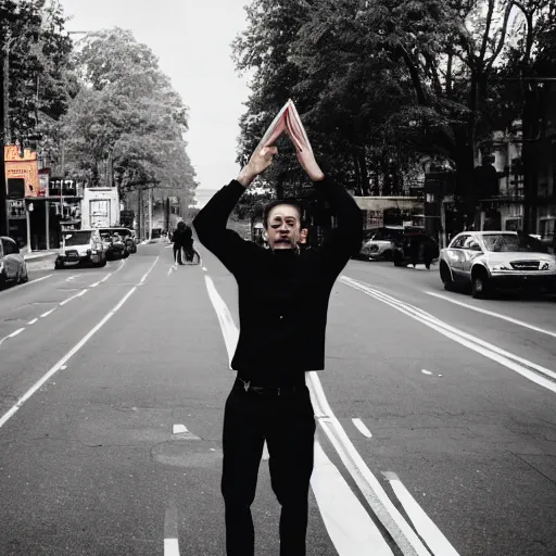 Prompt: a man standing on one leg in the middle of the street, holding up traffic, photography