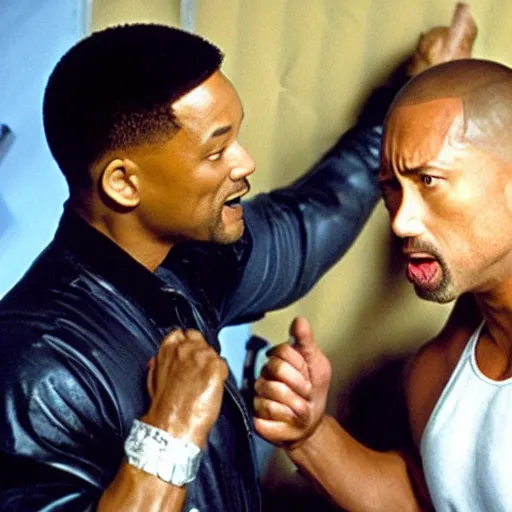 Prompt: will smith slapping dwayne the rock johnson