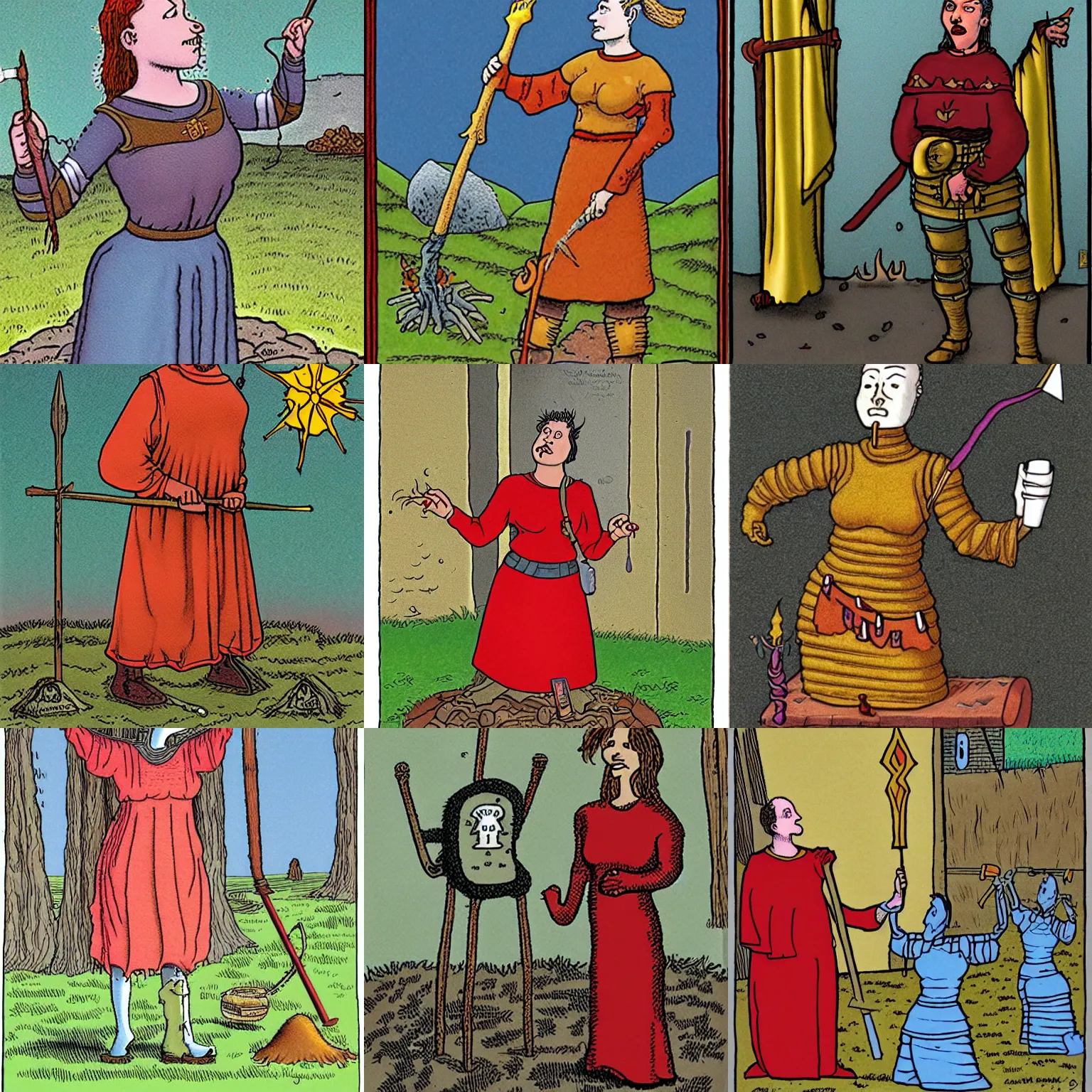 Prompt: warm, intelligenced, exacting and quite funny joan of arc, artwork by gary larson