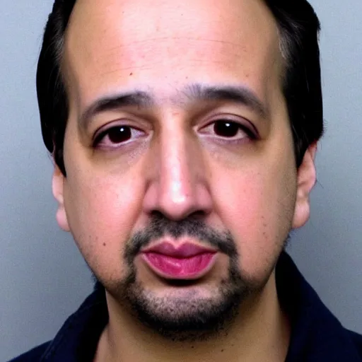 Image similar to Lin Manuel Miranda Mugshot, faces of meth, closeup, police booking, thesmokinggun,