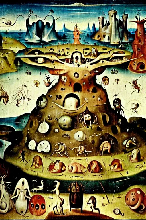 Prompt: a beautiful landscape with weird creatures by hieronymus bosch and dali