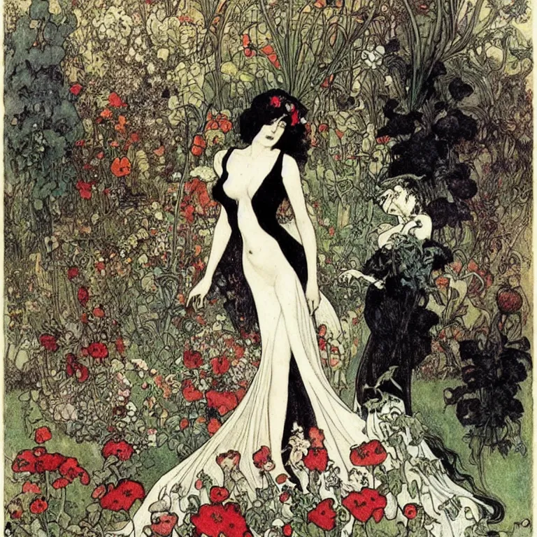 Image similar to Woman standing in a black dress, black and red lips and white hair, she is standing in a garden with flowers and birds Anton Pieck,Jean Delville, Amano,Yves Tanguy, Alphonse Mucha, Ernst Haeckel, Edward Robert Hughes,Stanisław Szukalski and Roger Dean