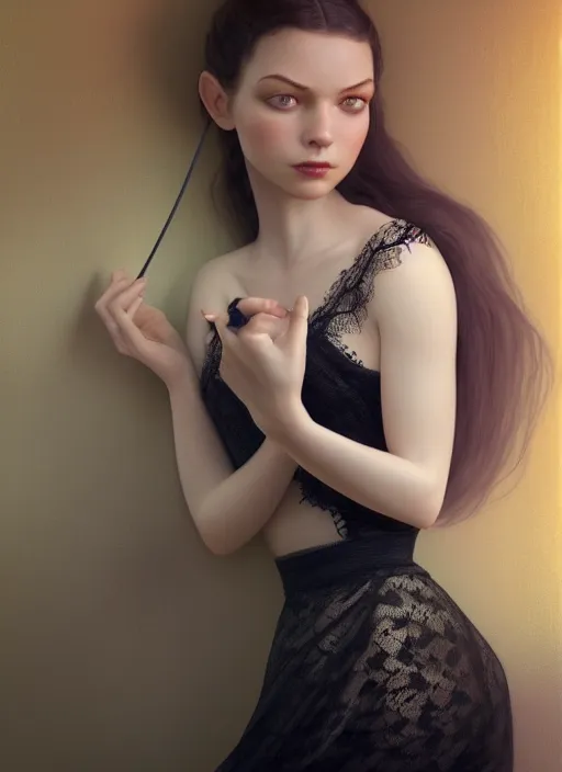 Prompt: young woman beautiful face : : black lace peignoir : : night home bed : : weta disney pixar movie still photo : : decadent highly - detailed digital painting, soft light, full length shot, golden ratio, octane render, artstation, smooth, sharp focus, artgerm, mucha, loish, wlop, gogo