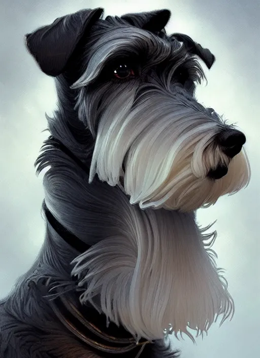 Image similar to portrait of stoic looking miniature schnauzer, black fir, white eyebrows, fantasy, intricate, elegant, highly detailed, digital painting, artstation, concept art, smooth, sharp focus, illustration, art by artgerm and greg rutkowski and alphonse mucha