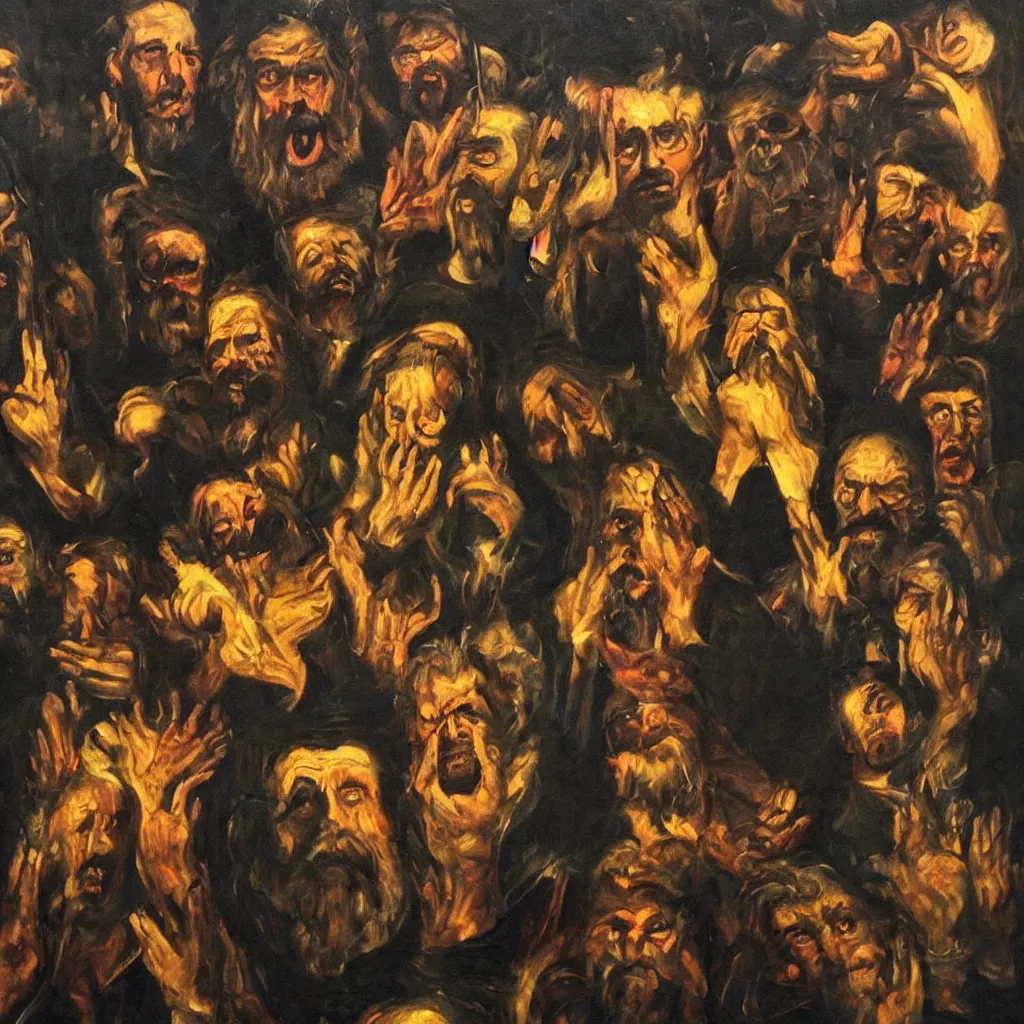 Prompt: oil painting by christian rex van minnen and francis bacon, portrait of jewish chabad cult, extremely bizarre disturbing, intense chiaroscuro lighting perfect composition masterpiece intense emotion