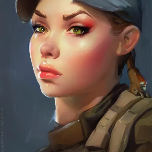 Image similar to portrait of beautiful girl with plump lips in team fortress 2 style, tragic, military art, concept art, fantasy, hd shot, digital portrait, beautiful, artstation, comic style, by artgerm, guy denning, jakub rozalski, magali villeneuve and charlie bowater