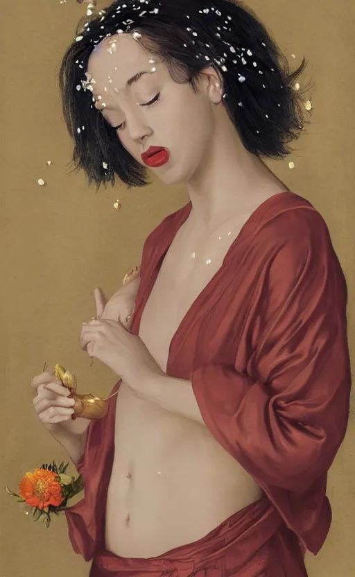 Image similar to portrait of a girl, in a silk robe, honey dripping down her top to bottom, flowers erupting out of her mouth, hyperrealistic