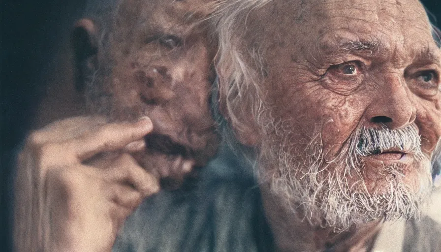 Image similar to movie still by tarkovsky portrait of an old man with trypophobia, cinestill 8 0 0 t 3 5 mm, heavy grain, high quality, high detail