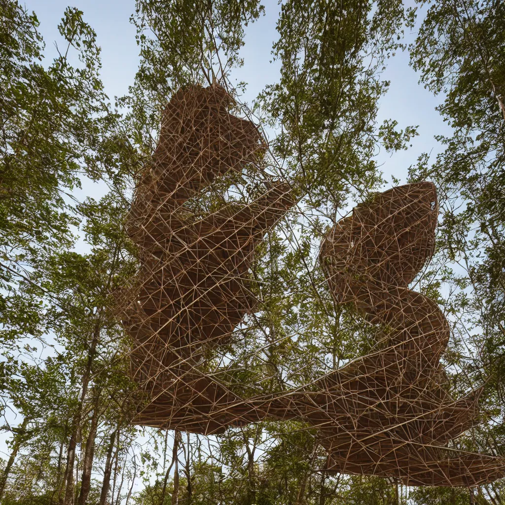 Prompt: Hyper realistic, double helix-shaped corten steel observation tower in forest, Future design, wide angle shot, architecture design, parametric architecture, covers by textile, environment, morning light, Cinematography, mega scans, cinematic, hyper realistic, photo real, cinematic composition, highly detailed, vray, 8k render