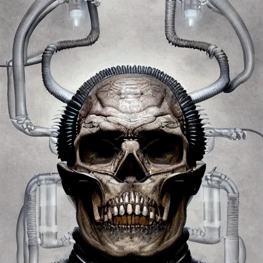 Image similar to surreal portrait of a man by Greg Rutkowski and H.R Giger, a biomechanical skull from whose sockets a red light emanates, between human and alien, connected by pipes and cables, terrifying, disturbing, cosmic void background, frightening, fascinating, highly detailed portrait, digital painting, book cover, artstation, concept art, smooth, sharp foccus ilustration, Artstation HQ.