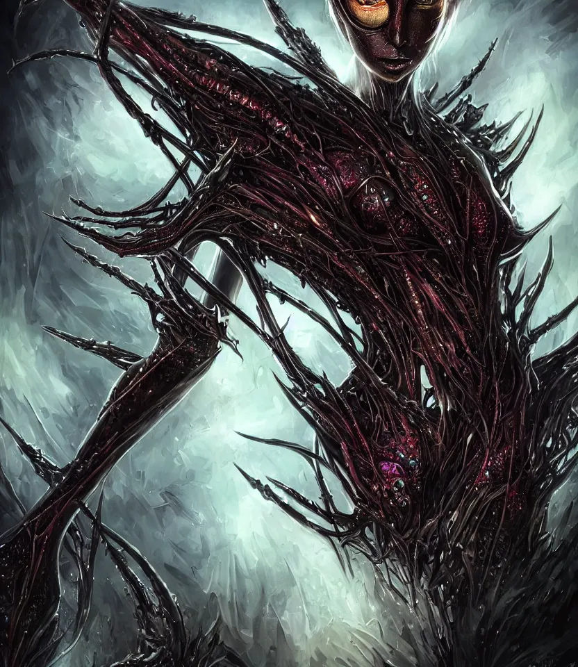 Image similar to close up portrait on the enchanting femenine queen of the zerg, hyper attractive, seductive, very complex, hyper-maximalist, overdetailed, legendary cinematic, darkfantasy, archetype with timeless beauty breathtaking eyes, her spider like legs spread evenly around her framing the image, collossal alien ship in the sky behind her, highly intricate, digital art, very elegant, HDR 8K, biblical art, realism, incomprehensible yet perspicious detail, unbeatable quality, silent hill aesthetic, photorealistic, lifelike, DSLR 8k, unbeatable coherency, Omnious intricate, octane render, created Nixeu & z--ed from deviantart
