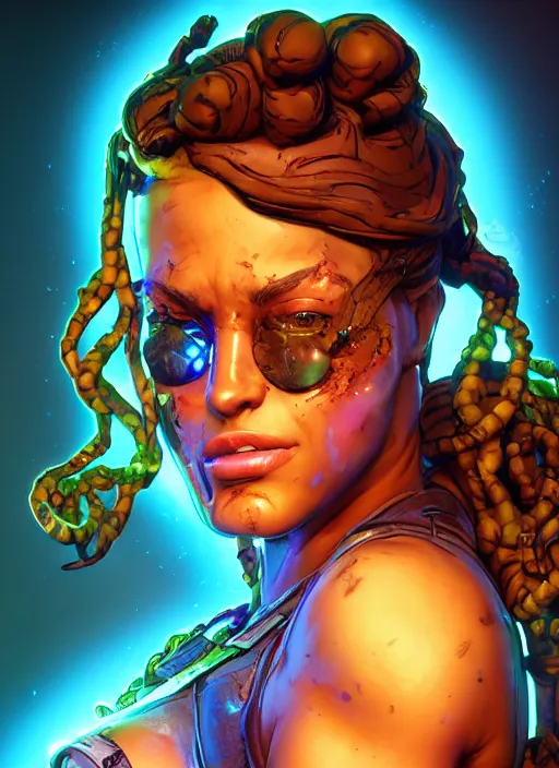 Image similar to glowwave portrait of curly hair muscular hot girl from borderlands 3, au naturel, hyper detailed, digital art, trending in artstation, cinematic lighting, studio quality, smooth render, unreal engine 5 rendered, octane rendered, art style by klimt and nixeu and ian sprigger and wlop and krenz cushart.