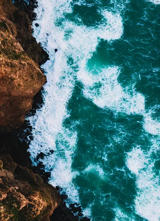 Image similar to a view of the ocean from a cliff, a tilt shift photo by liam wong, unsplash, naturalism, cinematic view, terragen, shot on 7 0 mm