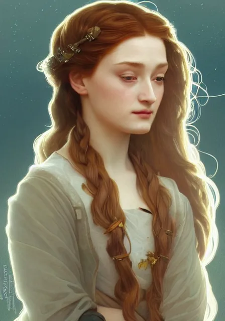 Prompt: portrait of little bird sansa stark with long hair, intricate, elegant, highly detailed, digital painting, artstation, concept art, smooth, sharp focus, illustration, art by artgerm and greg rutkowski and alphonse mucha and william - adolphe bouguereau