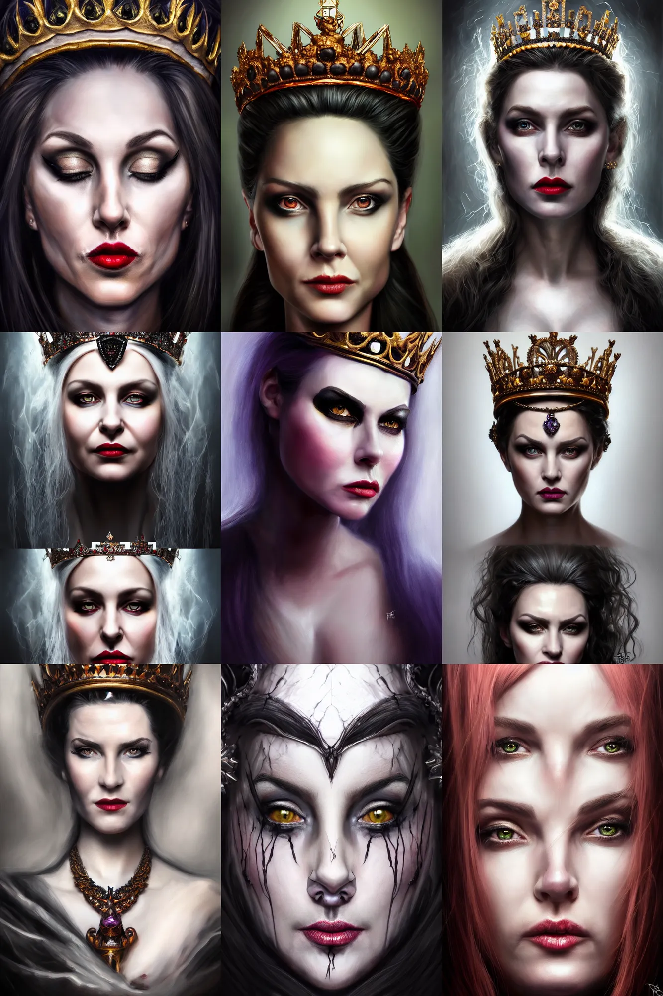 Prompt: hyper-realistic painting of the queen of deception and mischief, beautiful woman, chaotic evil energy, dark fantasy art, photorealistic, hyper realistic, beautiful face, attractive body, queen crown, full body, intricate, realistic, cinematic lighting, volumetric lighting, trending on artstation, artstationHD, 8k, highly detailed