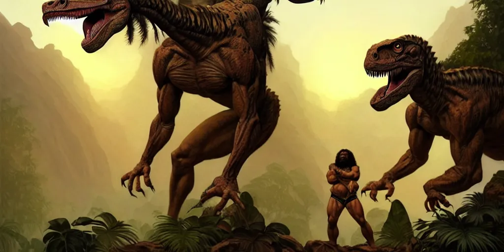 Image similar to a muscular caveman, heroic pose, with a velociraptor, in the jungle, sunset, volumetric light,, eerie, highly detailed, digital painting, artstation, concept art, matte, sharp focus, illustration, art by artgerm and greg rutkowski and alphonse mucha