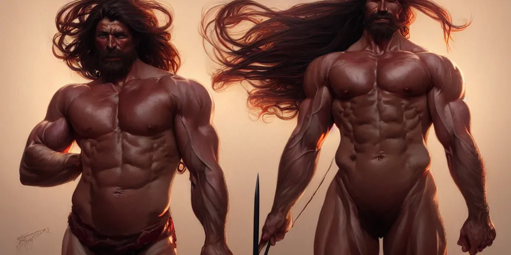 Prompt: a long haired muscular warrior in a suit of meat, highly detailed, digital painting, artstation, concept art, matte, sharp focus, illustration, art by artgerm and greg rutkowski and alphonse mucha