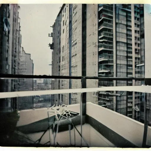 Image similar to A polaroid of a cyberpunk apartment balcony. Signed 1962