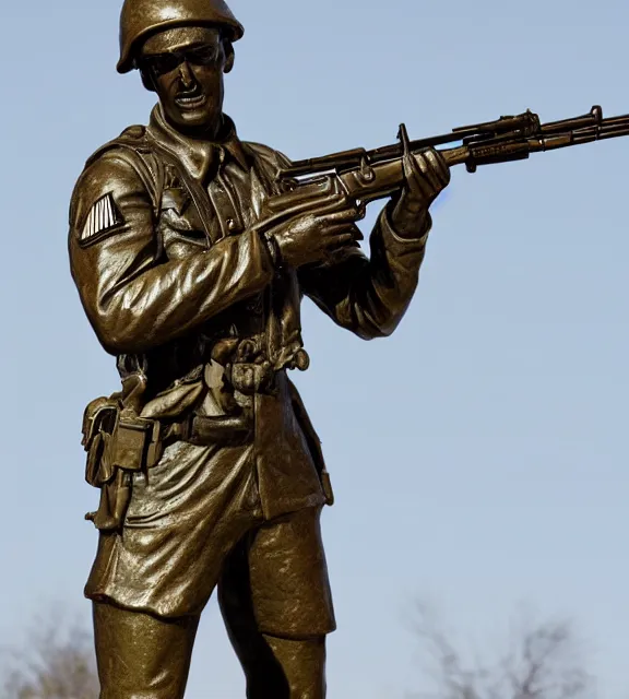 Prompt: a 4 k photorealistic photo medium shot of a bronze statue of an american soldier holding a rifle