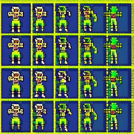 Prompt: 8 bit sprite sheet for an orc barbarian character