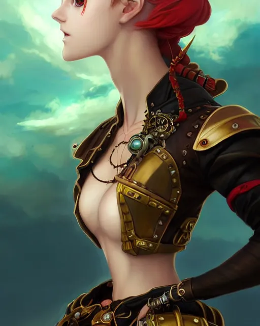 Image similar to a beautiful close up portrait 2D illustration of a young female steampunk pirate wearing leather armor on gold and red trimmings on green, by Charlie Bowater, tom bagshaw, Artgerm and Lois Van Baarle, beautiful anime face, very cool pose, pirate ship with an epic sky background, slightly smiling, cinematic anime lighting and composition, fantasy painting, very detailed, ornate, trending on artstation and pinterest, deviantart, google images