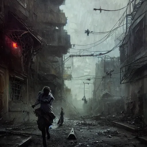 Prompt: sadie sink quickly runs by us | a mechanical monstrosity runs towards us | background : alleyway near decaying tenements. concept art for scifi dystopian film. by nikolay makovsky, bob byerley, wadim kashin, andrea kowch. cinematic moody atmosphere, detailed and intricate, perfect anatomy