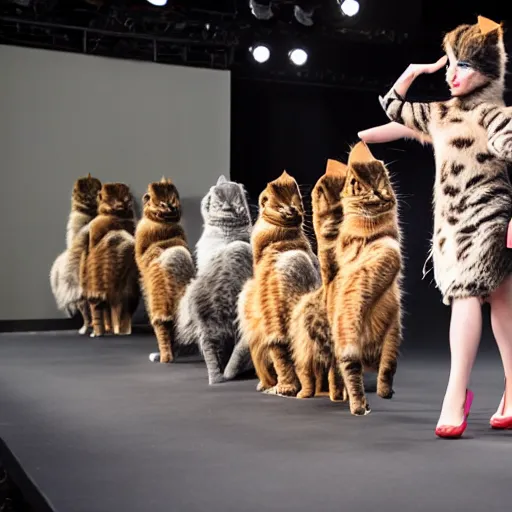 Image similar to cats on a catwalk wearing designer cloth, stage lighting 4k