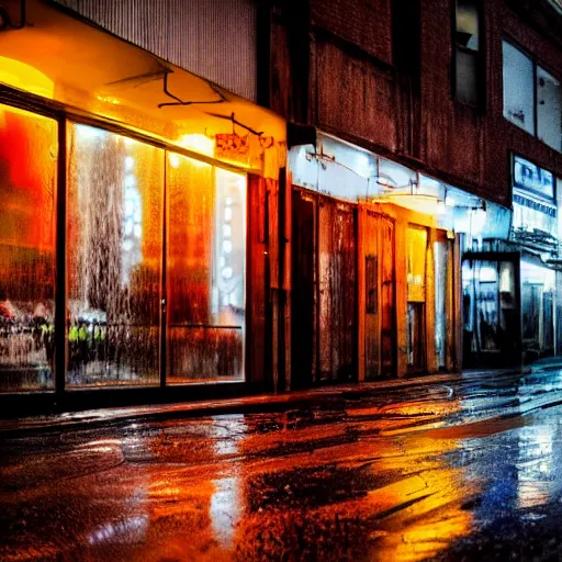 Image similar to gloomy and morbid city scene with a neon sign on the wall, cinematic, blurry, raindrops