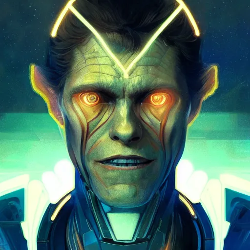 Image similar to symmetry portrait of willem dafoe sci - fi, tech wear, glowing lights!! intricate, elegant, highly detailed, digital painting, artstation, concept art, smooth, sharp focus, illustration, art by artgerm and greg rutkowski and alphonse mucha