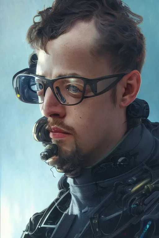 Image similar to portrait futuristic airforce Sam Hyde, inside future fighter, sci-fi, fantasy, intricate, very sigma, luxurious, human anatomy, rgb light, highly detailed, digital painting, artstation, concept art, smooth, sharp focus, illustration, art by tian zi and WLOP and alphonse mucha