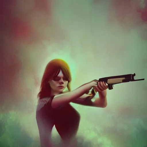 Image similar to Emma Stone with gun swimming in chromatic distortions in misty mysterious place, beautiful, psychedelic, lsd, trending on artstation, omnious, soft, artwork by Tran, Ross