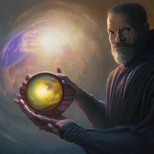 Prompt: the creator of worlds wearing a cloak and holding a holographic planet projection in his hand, detailed, sci - fi, digital painting, artstation, sharp focus, illustration, ominous, artgerm, tomasz alen kopera, peter mohrbacher, donato giancola, joseph christian leyendecker, wlop, frank frazetta