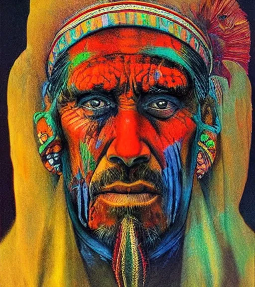 Image similar to Portrait painting in a style of Beksinski mixed with Alex Grey of an old shaman dressed in a colorful traditional clothes.