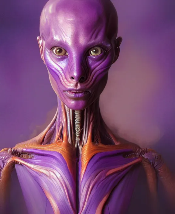 Image similar to intricate purple and orange portrait of a disturbing beautiful alien insect creature, mottling coloring, adorable, childlike, medical equipment hospital environment, ultra realistic, concept art, art nouveau, photorealistic, octane render, 8 k, unreal engine. art by christopher marley and artgerm and greg rutkowski and alphonse mucha