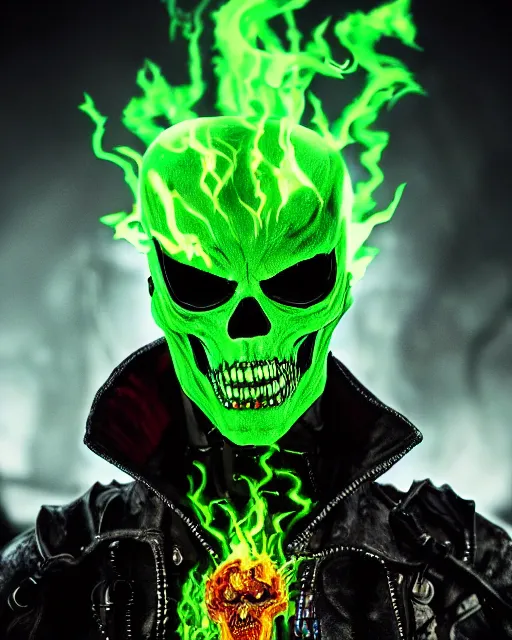 Prompt: green fiery eyes spawn - ghost rider - hybrid, supervillains, intricate artwork, concept art, eyes octane render, deviant art, cinematic, key art, hyperrealism, iridescent accents, portrait photograph, in hell, nikon 3 5 mm, photograph by greg