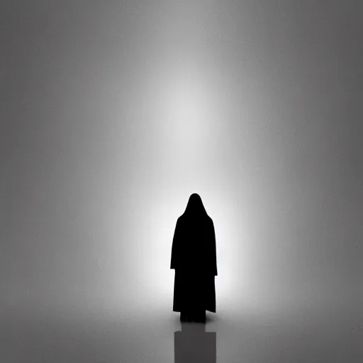 Prompt: a figure shrouded in a pitch black robe descending a white grand staircase in a black room, photorealism, dramatic lighting, serious, gloomy, forboding