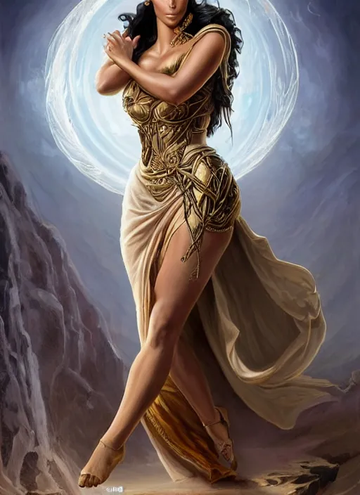 Image similar to kim kardashian as eris the greek goddess of strife and discord, elegant, highly detailed, centered, digital painting, artstation, concept art, smooth, sharp focus, dramatic lighting illustration, artgerm, tomasz alen kopera, peter mohrbacher, donato giancola, joseph christian leyendecker, wlop, frank frazetta, boris vallejo