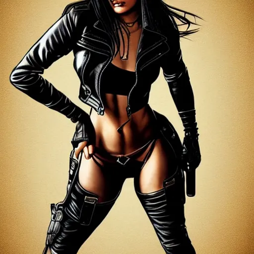 Image similar to a black haired woman in a leather jacket, muscular upper body, abs, d & d, fantasy, intricate, elegant, highly detailed, digital painting, artstation, concept art, smooth, sharp focus, illustration, art by mike deodato