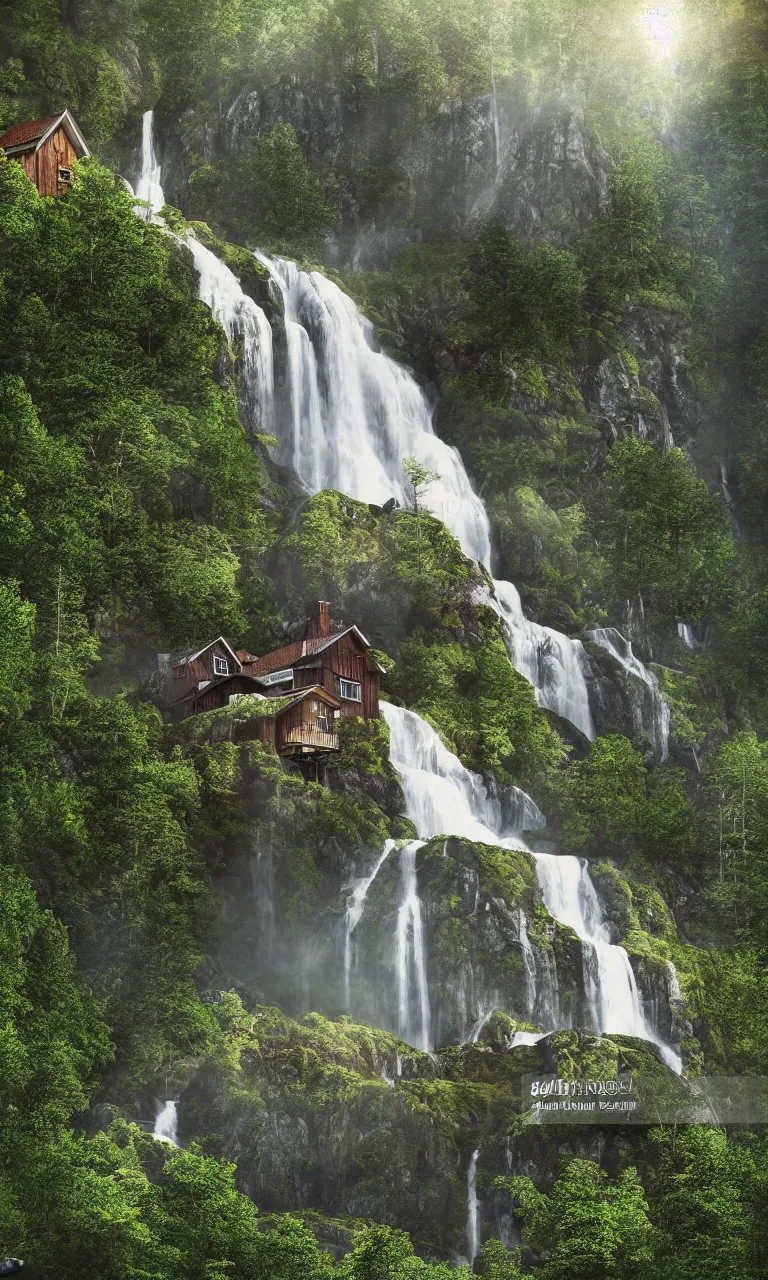 Image similar to beautiful large scandinavian house in the forest on a hill, a large waterfall flows down from the mountain in the background, vector art, fabulous, random cinematic view, no noise, global illumination, warm lighting, volumetric, by jordan grimmer